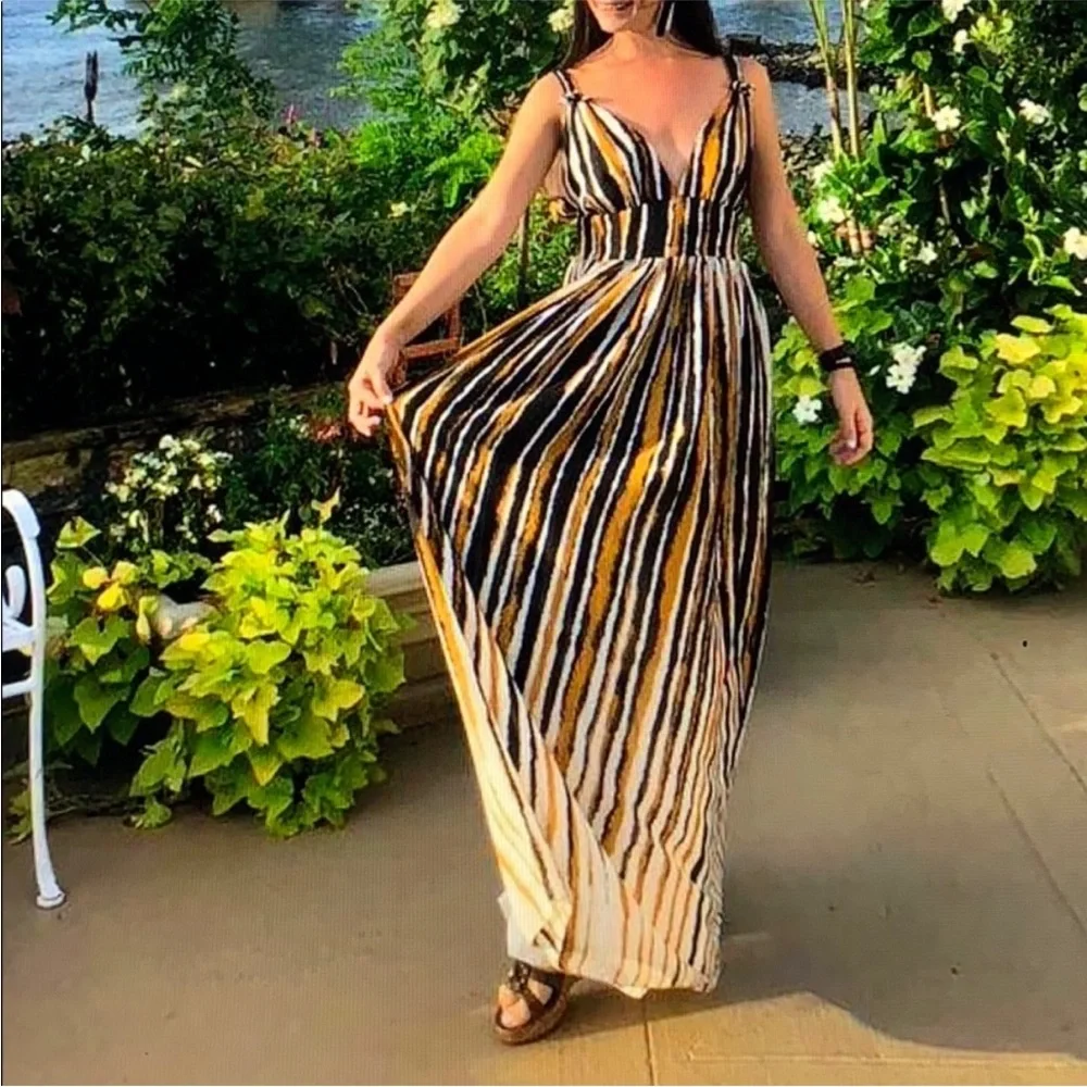 Ronny Kobo Sallee Elegant Striped Tiger Print Deep V-Neck Maxi Dress SXS NWOT - Picture 3 of 15